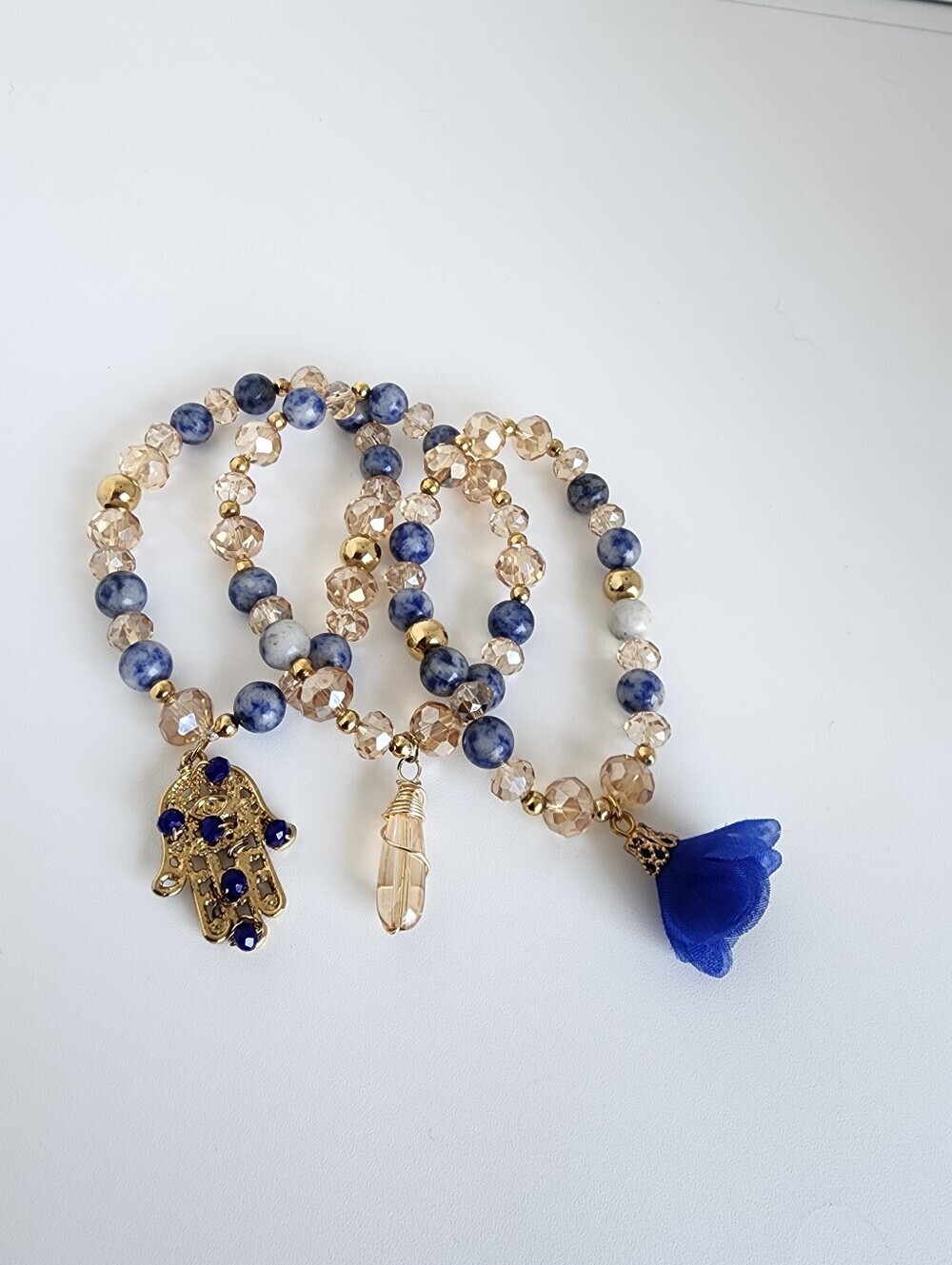 Blue Crystal Beaded Bracelet Set Hamsa Hand Charm Tassel Boho Stack